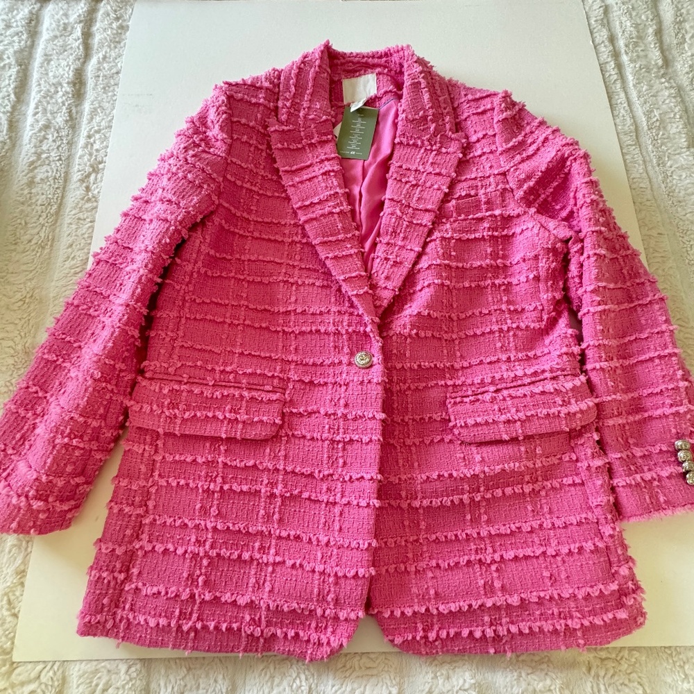 H&M Pink Textured Weave Tweed Knit Oversized Jacket Blazer Size Large